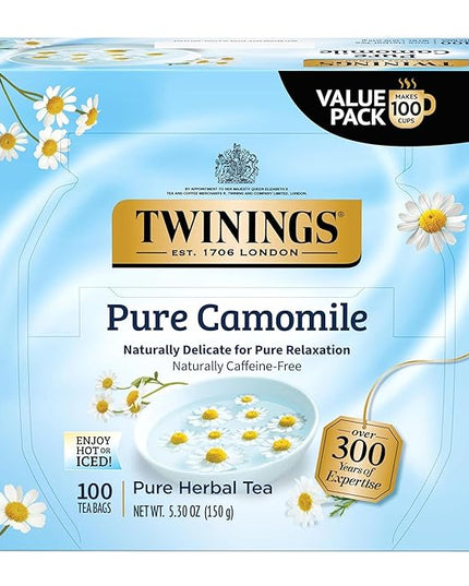 Twinings Pure Camomile Herbal Tea Individually Wrapped Bags, 100 Count (Pack of 1), Delicate for Pure Relaxation, Naturally Caffeine-Free, Enjoy Hot or Iced, 100 Teabags
