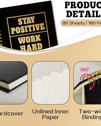 YAZMEEN Inspirational Quote Black Gold Spiral Notebook（160 Pages） Stay Positive Work Hard Make It Happen Blank Hardcover Notebook Encouragement Gift Funny Notebook Gift for Coworker Boss Team Member