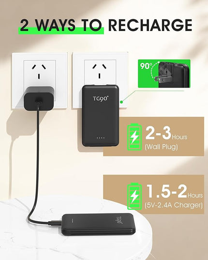 TG90° 2 Pack 5000mAh Power Bank,Small Portable Charge Built-in AC Plug and Cables,Pocket Size USB C External Battery Pack Compatible with iPhone 17 16 15 14 13 12 Samsung Google iPad,Black & Blue