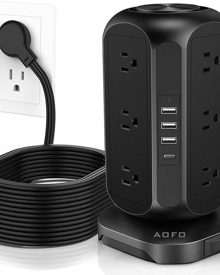Long Extension Cord 15 ft Power Strip Tower, Surge Protector 12 AC Outlets 4 USB(1 USB C) Ports, Charging Tower Overload Protection with Multiple Outlets for Home Office