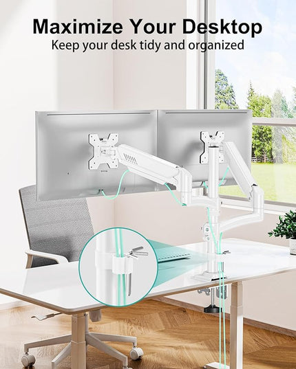 Dual Monitor Stand for Desk, Taller Monitor Arms for 2 Screens up to 32 inch, Ergonomic Adjustable Full Motion Double Computer Monitor Mount, Holds 4.4-22lbs, VESA 75/100mm, White, Freelift