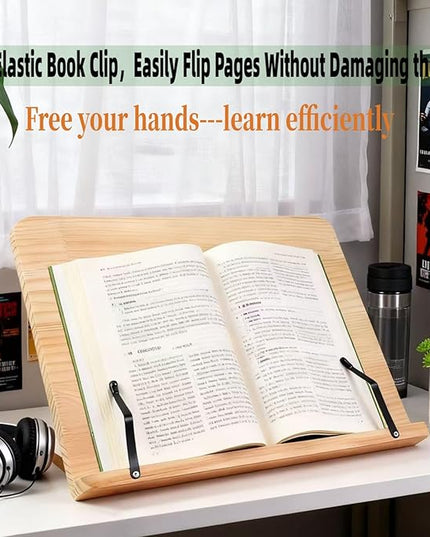 Reading Rack Wooden Bookshelf - Book Stand Foldable with 8 Adjustable Positions and Page Clips,Suitable for cookbooks、iPads、laptops、Sheet Music、and Reading Stands(15x11.4inch)