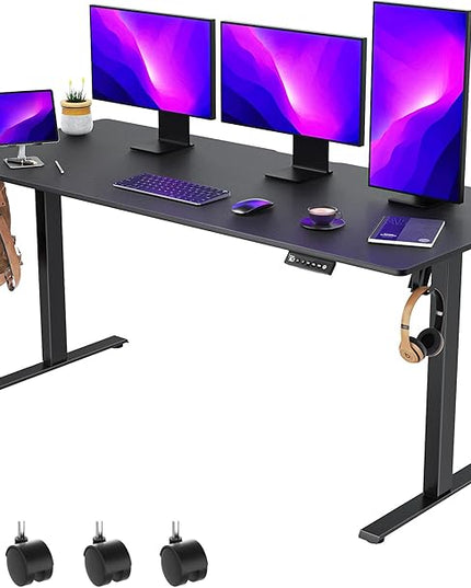 63 x 28 inch Electric Standing Desk Adjustable Height with 4 Wheels, 4 Memory Height Settings, 2 Headphone Hook, for Home Office, Splice Board Black