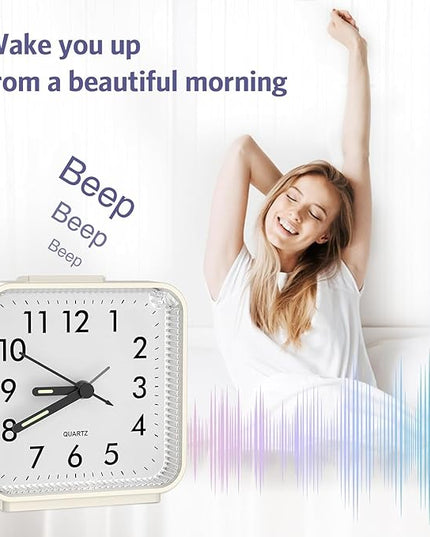 OQIMAX Analog Alarm Clocks, Non Ticking Table Clock with Luminous Hand & Large Display, Battery Powered Silent Bedside Alarm Clock with Night Light Function & Snooze, for Bedroom, Office (White)
