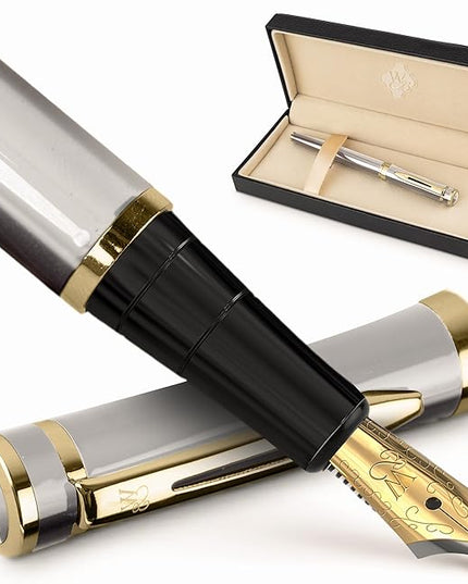 Wordsworth & Black Fountain Pen Set, 18K Gilded Broad Nib, Includes 6 Pack Ink Cartridges, Ink Refill Converter & Gift Box, Gold Finish, Calligraphy, [Silver Gold], Perfect for Men & Women