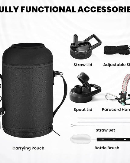 Insulated Water Bottle 64 oz, Triple Wall Vacuum Stainless Steel (Cold for 48 Hrs), Leak Proof & Non-BPA, Half Gallon Water Flask Jug with Paracord Handle & Straw Spout Lids, Hydrangea