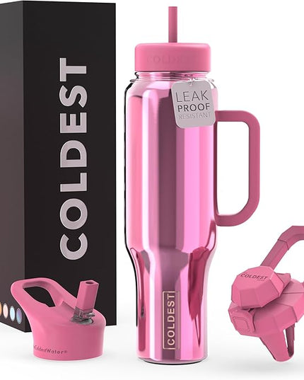 Coldest Tumbler with Handle and Straw - 100% Spill Proof Tumbler with Straw (3 Lids) - Stainless Steel Insulated Leakproof Tumblers for Women & Men - 46 oz (Pink Reflections)