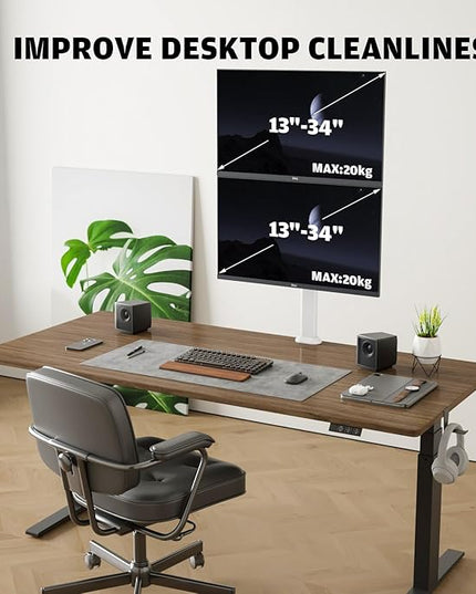 Hemudu Dual Monitor Articulating Desk Mount Arm Stand - Vertical Stack Screen Supports Two 13 to 34 Inch Computer Monitors with C Clamp White