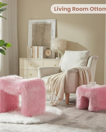 Ottoman Set of 2 Small Footstool Ottoman Vanity Stool Chair Faux Fur Seating Backless Modern Foot Rest Furry for Makeup Room Living Room Bedroom Entryway,Pink(2-in-1)