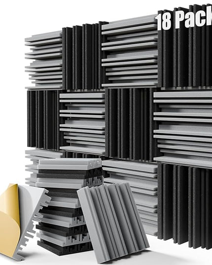 18 Pack Sound Proof Foam Panels for Walls, 12" x 12" x 2" Self-Adhesive Acoustic Panels, High-Density Soundproof Wall Panels for Studio Home and Ceilings (Black+gray)