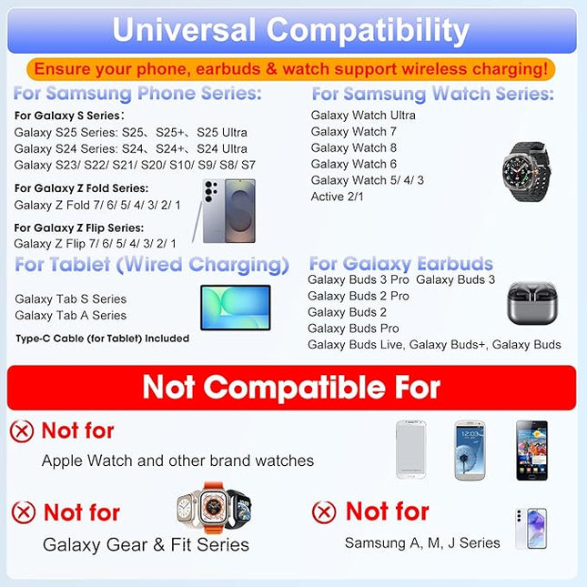 30W Tablet Wireless Charger for Samsung, Foldable Android Charging Station with Clock Display with 7-Color Light, Wireless Watch Charger for S25, Only Compatible Samsung Watch,Galaxy Buds3 Pro(Lilac