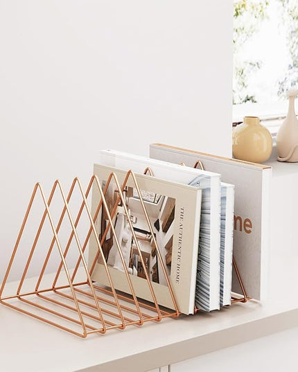 Urban Deco Triangle Desk Organizers Metal Wire Magazine Holder 10 Sections Decorative File Folder Organizer Vinyl Record Storage Office File Organizer For Desk - Rose Gold Magazine File Holder
