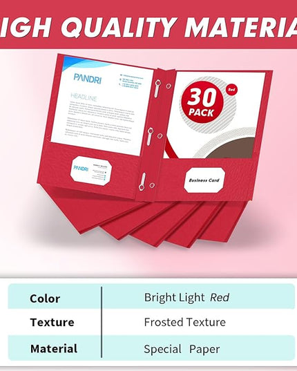 Two Pocket Folders, PANDRI 30 Pack Two Pocket Folders with Prongs, 3 Prong Folders Designed for Office and Classroom, Letter Size Red