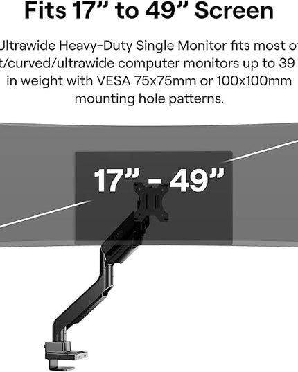 Pixio PS2S Ultrawide Heavy-Duty Premium Single Monitor Arm Stand Desk Mount - Fits up to 49 inches Monitors, Weights up to 39lbs Flat / 31lbs Curved, Compatible with VESA 75x75mm 100x100mm