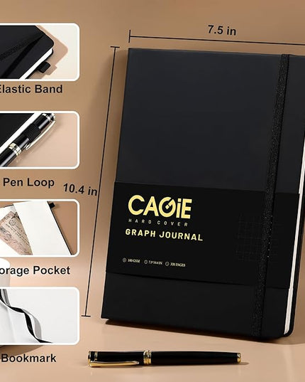 CAGIE Graph Notebook 320 Pages 100 GSM Paper Graphing Grid Journal B5 Hardcover Leather Quad Ruled Notebooks for Engineering, Math, Work, Black