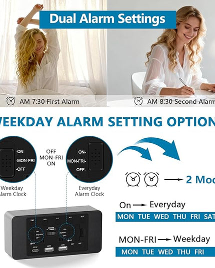 Fomobest Wooden Digital Alarm Clock for Bedroom - Desk Clock with Date, Day of Week, Temperature, Dual Alarms, Dimmer, USB Port Charge, DST, Adjustable Volume for Living Room/Office Wood Decor (Black)