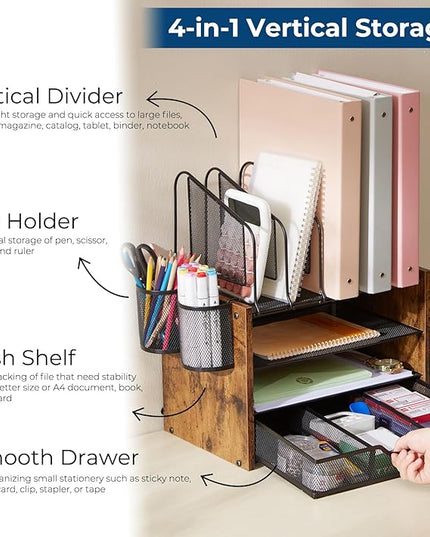 Y YOMA Wooden Desk Organizer, 4-Tier Mesh Desk Organizer with Drawer, Paper Tray & 5 Vertical File Holders, 2 Pen Holders, Desktop Organizer and Accessories for Home Office Dorm