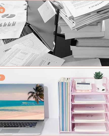 LEKETREE Desk Organizers and Accessories, 5-Tier Paper Letter Tray Organizer with File Holder, Desktop Organizer for Office Supplies (Pink)