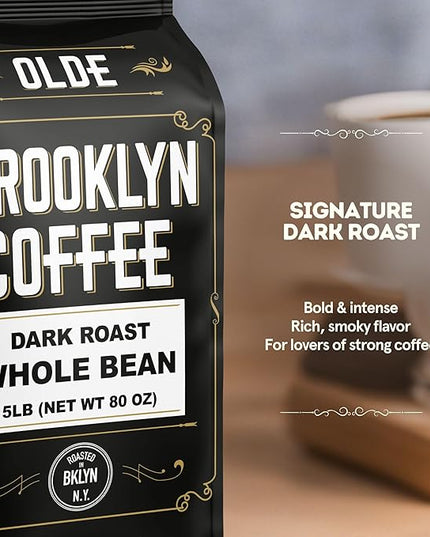 BROOKLYN COFFEE Whole Bean, Classic Dark Roast (5lb) Bold, Smooth Taste, Intense Aroma - Fresh Bulk Coffee Beans Roasted Weekly in NYC
