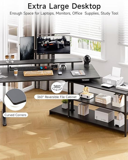 ONBRILL L Shaped Standing Desk with File Cabinet, 63x24'' Electric Stand Up Desk with Monitor and Storage Shelf, Adjustable Height 28-46'' for Home and Computer Workstation, Black