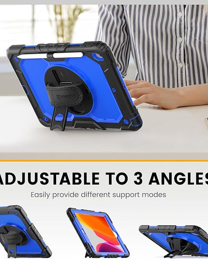 Timecity Case for iPad 9th/ 8th/ 7th Generation 10.2 inch - Heavy Duty Protective Cover with Screen Protector, Rotating Stand, Shoulder Strap & Pencil Holder | Kids-Friendly (Dark Blue)
