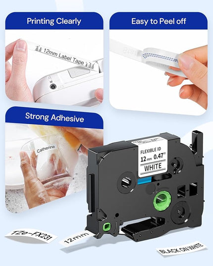 Replacement for Brother Flexible-ID TZe-FX231 12mm 0.47'' Laminated White P Touch TZe TZ Flexible Cable Wire Tape for PT-D200 PT-D220 PT-D210 PT-D600 PT-D400 PT-H100 PT-H110, 1/2" x 26.2', 4-Pack