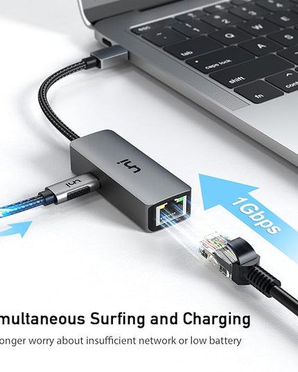 uni USB C to Ethernet Adapter with 100W Charging Port, RJ45 to USB C 1Gbps Type-C Gigabit Ethernet LAN Network Adapter Power Delivery PD for Laptop, MacBook Pro/Air, Dell XPS, Chromebook, Surface book