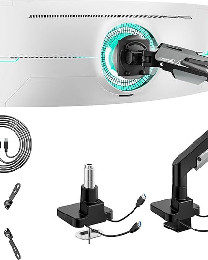 ARES WING Heavy Duty Ultrawide Monitor Arm - Gas Spring Aluminum Monitor Mount with USB for 24"-57" Curved Screens up to 66 lbs with Clamp/Grommet Desk Mount, 75/100/200 Vesa Mount, Black