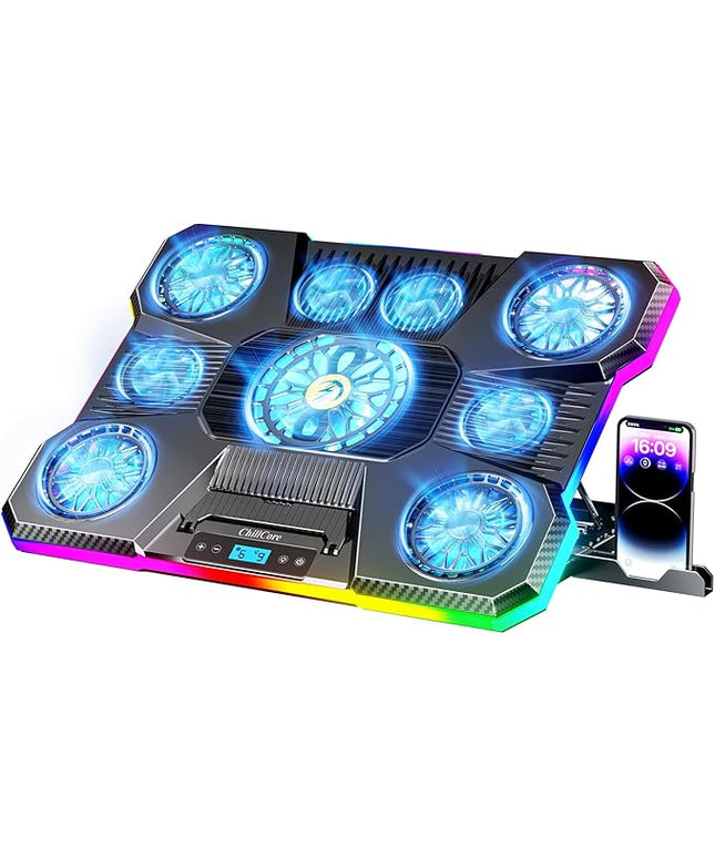 ChillCore Laptop Cooling Pad, RGB Lights Laptop Cooler 9 Fans for 15.6-19.3 Inch Laptops, Gaming Laptop Fan Cooling Pad with 8 Height Stands, 2 USB Ports - A21 Blue