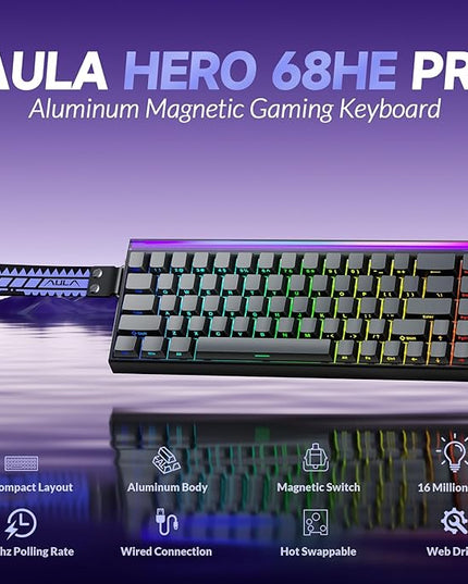 AULA Hero 68 HE Pro - Wired Gaming Keyboard with Hall Effect Magnetic Switch, CNC Aluminum Frame, 8KHz Polling Rate, RGB Box & Backlight, Side Printed Keycaps, 65% 68-key Compact Small Gamer Keyboards