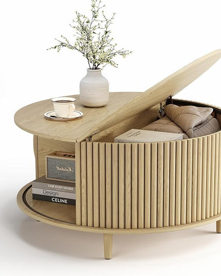 JOINICE,Round Coffee Table with Storage, 31.5" Natural Oak Fluted Center Table with Sliding Door, Modern Circle Drum Table for Living Room, Scandi Wood Furniture for Small Spaces