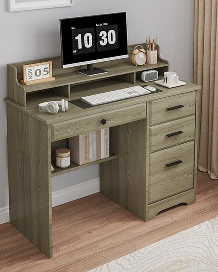 4 EVER WINNER Computer Desk with Drawers, Small Desk with Monitor Stand and File Drawer, Wood Desk with Storage, Writing Desk for Bedroom Home Offic, Grey
