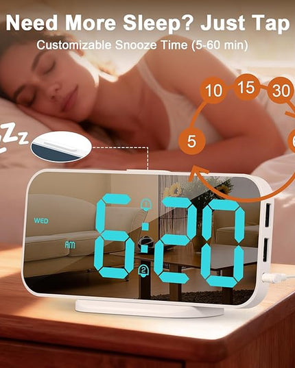ALANAS Mirror Digital Alarm Clock, Dual Alarms with Snooze, 4-Level Dimmer, 2 USB Ports, Plug in Modern Alarm Clock for Bedrooms (Blue Digit)
