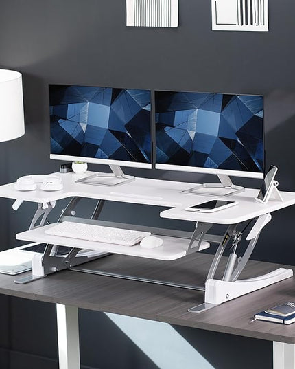 VIVO 48 inch Height Adjustable Large Stand Up Desk Converter, V Series, Quick Sit to Stand Tabletop Dual Monitor Riser Workstation, White, DESK-V048VW