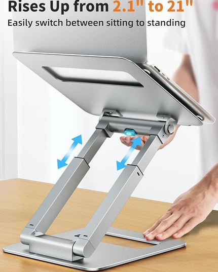 tounee Laptop Stand for Desk Adjustable Height, Telescopic Computer Stand with Pull Out Design Ergonomic Laptop Riser Fits All Laptops 10-17"-Silver