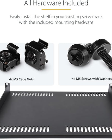 StarTech.com 1U Vented Server Rack Shelf, 16in (40cm) Mounting Depth, Cantilever Tray, Heavy-Duty Steel, 30lb/14kg Capacity