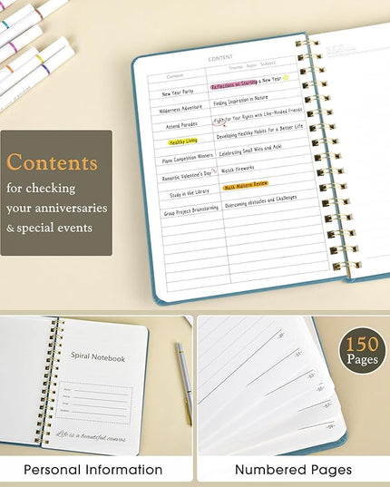 Lined Spiral Journal Notebook, A5 Hardcover Spiral Journals for Women Men, 150 Numbered Pages Spiral Bound Notebook, 100 GSM College Ruled Notebooks for Writing Note Taking 5.75" x 8.38", Misty Blue