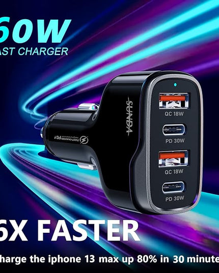 SUNDA 60W USB C Fast Car Charger | 4-Ports Car Charger Adapter | Dual Type C PD30W/PPS30W Compatible with iPhone17/16 Pro/Max/iPhone15/Galaxy/SamsungS25 | Dual USB-A 18W QC3.0 for Android(Black)