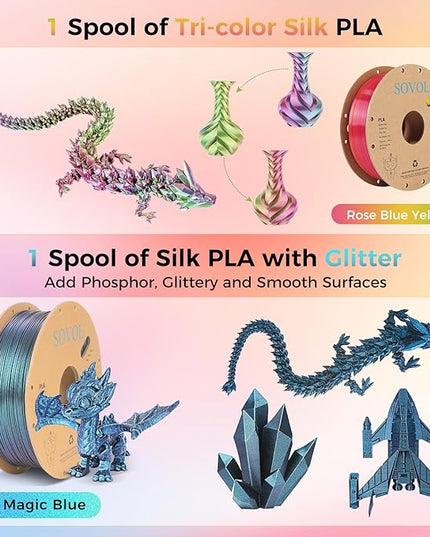Sovol PLA Filament 6KG, Silk Tri Color & Dual Color Co-Extrusion PLA, Shiny Multicolored Fast Change Rainbow 3D Printer Filament, Matte & Glitter & Glow in The Dark PLA 1.75mm 1kg/ 2.2lbs +/-0.03mm