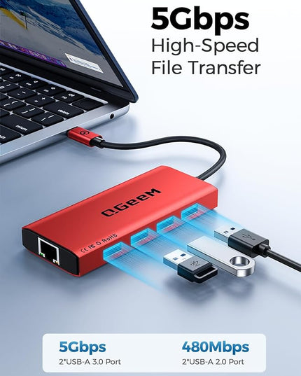 QGeeM USB C Hub Ethernet,9 in 1 USB Type C Hub HDMI Multi-Port Converter Adapter,100W Pd, USB 3.0,SD/TF Card Reader,Compatible for MacBook Pro Air Ipad HP Dell Lenovo Chromebook etc.-Red