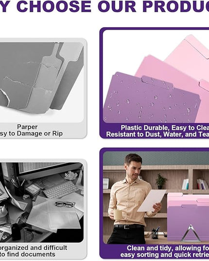 24 Pack Colored File Folders Plastic Purple File Folders Letter Size 1/3 Cut Tabs File Folder Sticky Labels Manila File Folders 8.5 x 11 for Documents Office School Organizer(8 per color) (24, Purple)