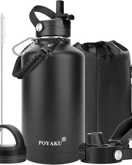 Water Bottle Insulated 32oz 40oz 64oz 128oz Straw Lid Spout Lid & 3 Lids, Leak Proof, Vacuum Insulated,Stainless Steel Water Bottle Wide Mouth for Sports, Gym or Office