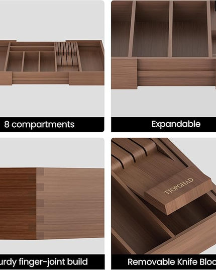 Bamboo-Silverware-Drawer-Organizer-Kitchen, Expandable Utensil Holder Cutlery Tray Flatware Organization Adjustable Wood Tableware Dividers Storage (with Removable Knife Block)(Brown)