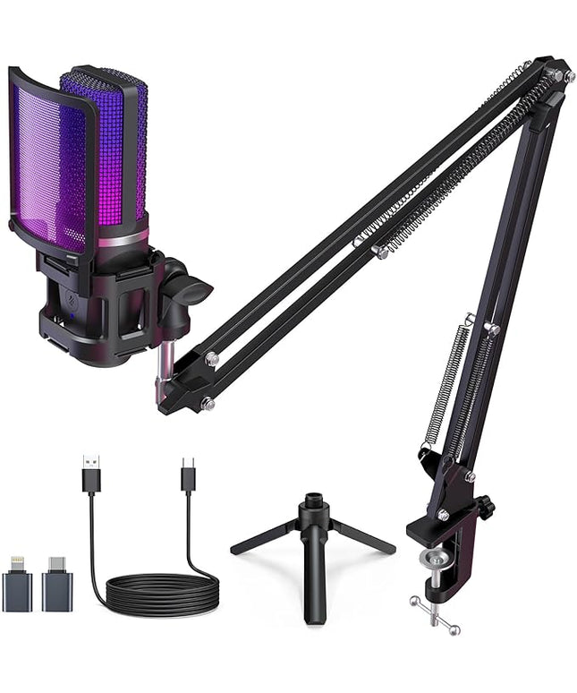 ZealSound Gaming USB Microphone,Noise Cancellation Condenser mic,RGB Microphone with Mute,Gain,Monitoring,Boom Arm,Pop Filter for Phone,PC,Computer,PS4,PS5,Mac,Streaming,Podcast,Twitch,YouTube,Discord