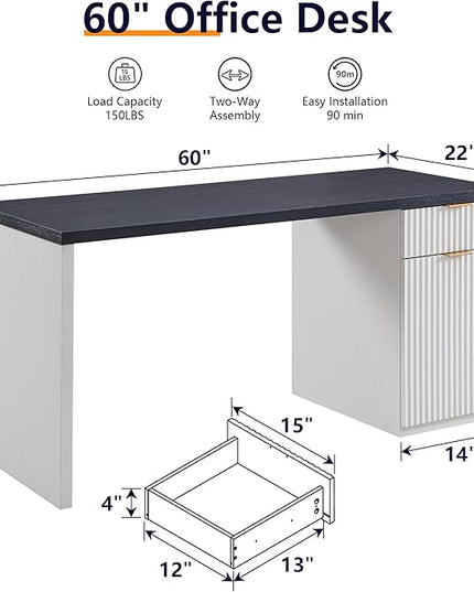 JXQTLINGMU 60" Modern Executive Desk with Storage, Wood Home Office Desk with Drawer & Cabinet, Fluted Computer Writing Desk for Study, Living Room, Bedroom, Antique White