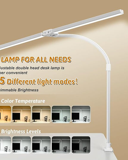 Double Head LED Desk Lamp with Remote Control for Home Office 24W Brightest Computer Desk Light for Workbench Drafting Architect Study Reading with Clamp and Base