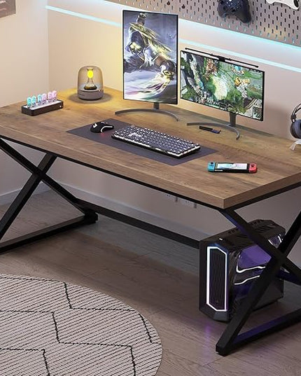 IBF 60” Rustic Computer Desk, Modern Wood Metal Home Office Desk, Farmhouse Work Desk for Writing Study in Bedroom, Minimalist Laptop Executive Workstation Computer Gaming Table, Rustic Oak, 60 in