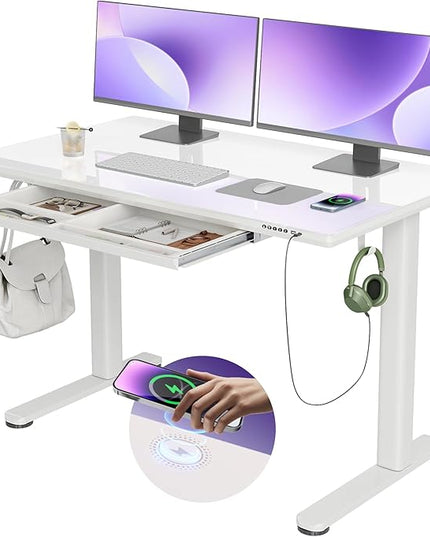 INNOVAR Wireless Charging Glass Standing Desk with Drawers, Adjustable Height Stand Up Desk, Electric Standing Desks with Storage, 48 inch, Super White