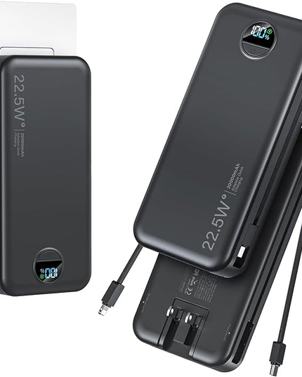 20000mAh Ultra-Portable-Charger-Power-Bank PD20W with Built in Cables&AC Wall Plug,Fast Charging Cell Phone Charger Battery Pack,LED Display Travel Battery Bank for All iPhone,Samsung,Android