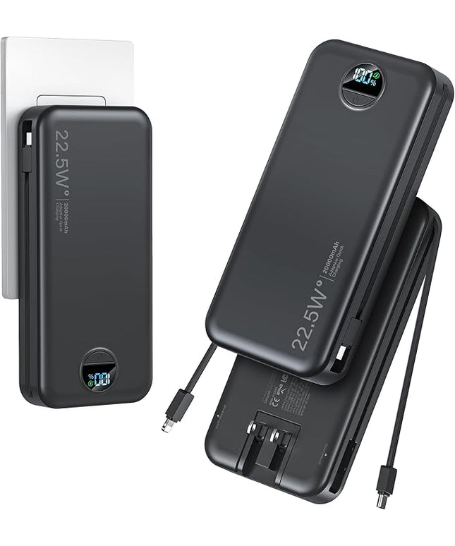 20000mAh Ultra-Portable-Charger-Power-Bank PD20W with Built in Cables&AC Wall Plug,Fast Charging Cell Phone Charger Battery Pack,LED Display Travel Battery Bank for All iPhone,Samsung,Android